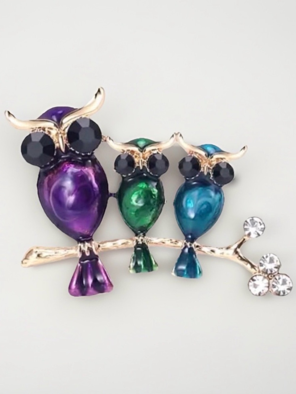 Enamel Owl Trio Brooch - Purple Green Blue Fashion Jewelry pin
